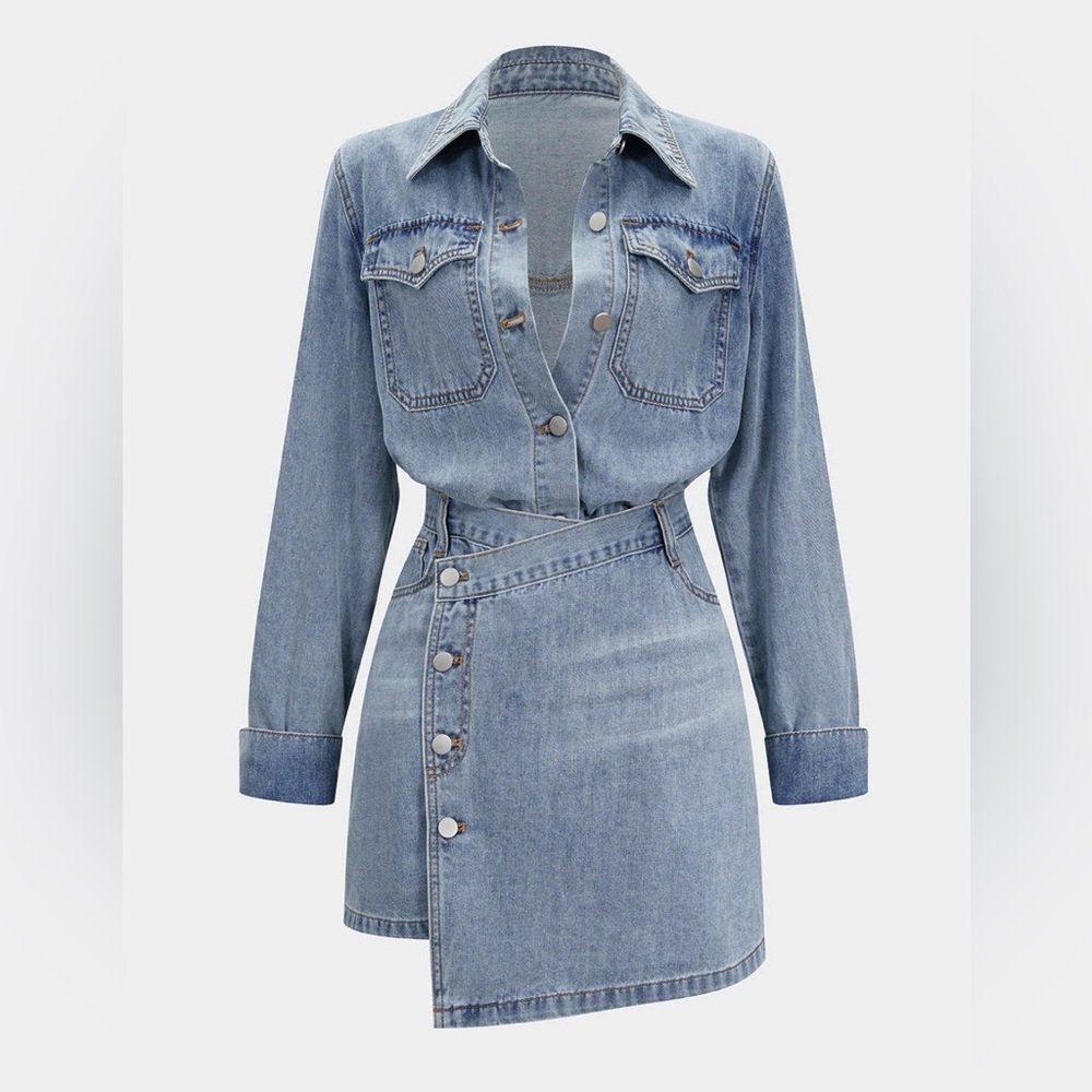 Denim button long sleeve shirt and high waist skirt set